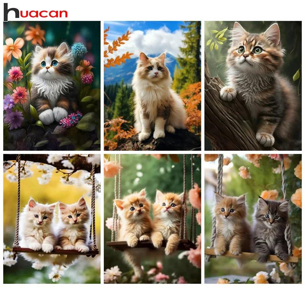 Huacan Diamond Mosaic Animal Cat Diy 5d Painting Flower New Collection Home Decor Art Handmade Gift Craft Kit